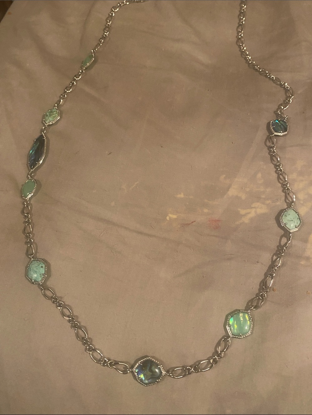 Kendra Scott Silver Long Station Necklace with Iridescent Green Stones